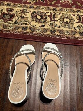 Vince Camuto White Crystal-Strap Open-Toe Heels